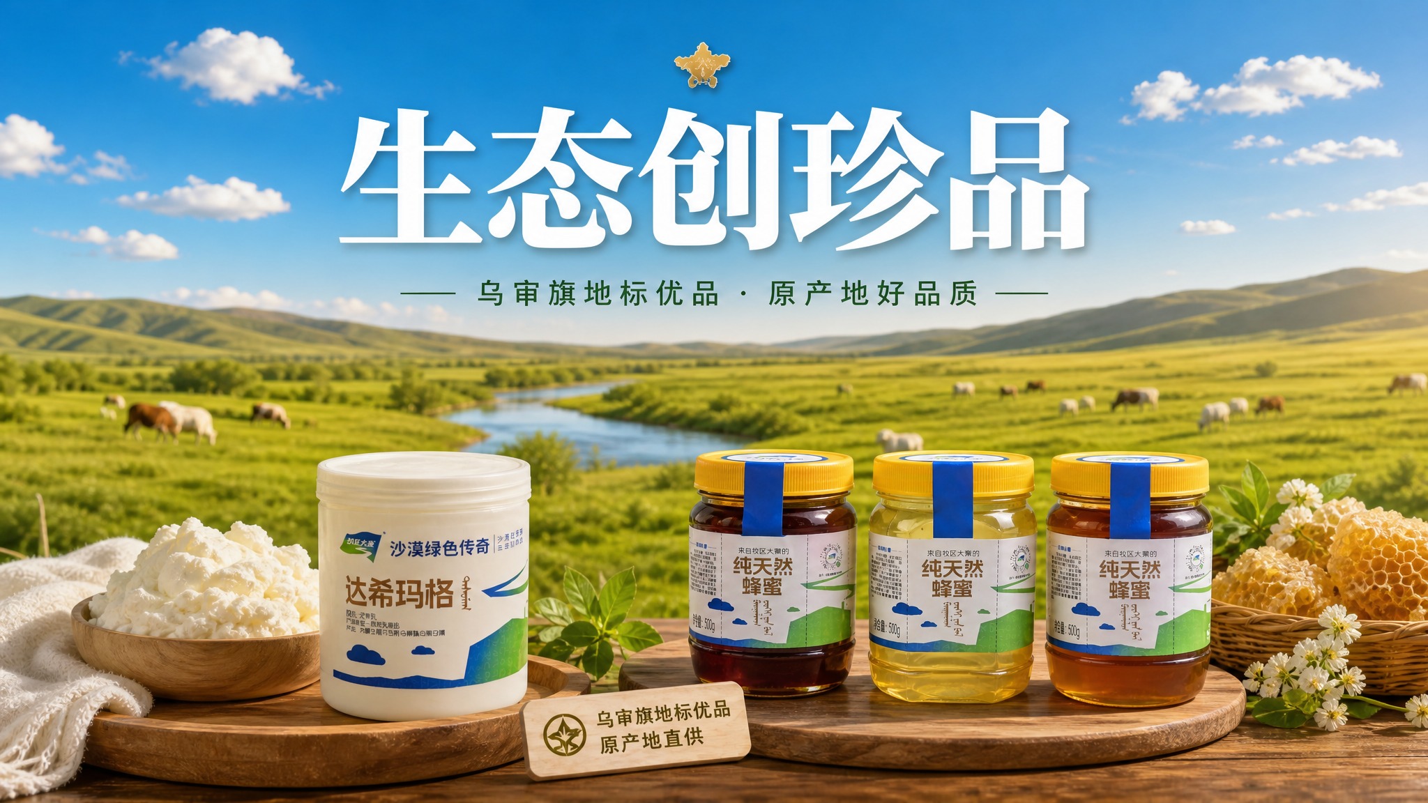 参考图整体风格：乌审旗绿色草原河流生态背景，蓝天白云，前景木桌… - 图片创意预览