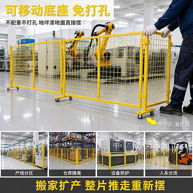 [主图-4] 可移动底座免打孔场景应用图 多场景展示图。
[氛围风格] 场景化应用风 真实车间环境 抖音强痛点代入感；
[画质] 商业摄影质感 场景真实自然 产品融入环境 光线均匀明亮。
[元素] 画面采用上下结构 上部约60%为主体场景 现代化无尘车间内 黄色隔离网围成一个机器人作业区 地面是光亮的环氧地坪 没有任何打孔痕迹 隔离网底部是可移动底座 直接摆放于地面 旁边有工人正在推动调整位置 工人只露出下半身与手部 避免面部细节。下部约40%为4宫格小场景 分别展示 产线分区 仓库隔离 设备防护 人车分流 四个不同使用场景 每个小场景内都有同款黄色隔离网。**保持黄色车间隔离网外观 即物理结构 材质质感 颜色 与输入产品图保持绝对一致 杜绝任何变形和色差 精细化处理 可移动底座结构清晰 轮子或配重底座细节真实 网片与立柱连接方式与原图一致**。画面满版无边框 大场景有真实空间透视 小场景统一风格。
[光影] 大场景采用车间顶部工业灯照明 光线均匀明亮 地面有柔和反光 隔离网底部有自然接触阴影 体现直接摆放无打孔。4个小场景各自光线统一 均为明亮工业风。
[配色] 主色工业黄 辅色浅灰 环氧地坪灰 白色 强调色黄黑警示色 与首图共享同一套色板 卡片样式 字体层级保持一致。
[视角构图] 大场景为平视略带俯视角度 展示车间整体布局 隔离网围成的区域清晰可见 4宫格小场景均匀分布在下方 每格有独立短标签。
[文字版式] 顶部左侧大标题 可移动底座 免打孔 黄色超大号粗体 下方辅助小字 不配重不打孔 地坪漆地面直接摆 深灰色中号。大场景右下角加黄色箭头指向隔离网底部 标注 免打孔 直接放 白色字。下方4宫格每格底部有半透明黑底白字标签 从左到右 产线分区 仓库隔离 设备防护 人车分流。底部通栏深灰底 中间大字 搬家扩产 整片推走重新摆 黄色粗体。
[输出要求] 1:1比例 文字清晰锐利可辨 超高清商业摄影质感。
[负向提示词] 变形 文字错乱 产品图模糊 背景杂乱 水印 电商平台Logo 人物面部扭曲 多余的手 手部畸形 隔离网悬浮 地面有打孔痕迹。