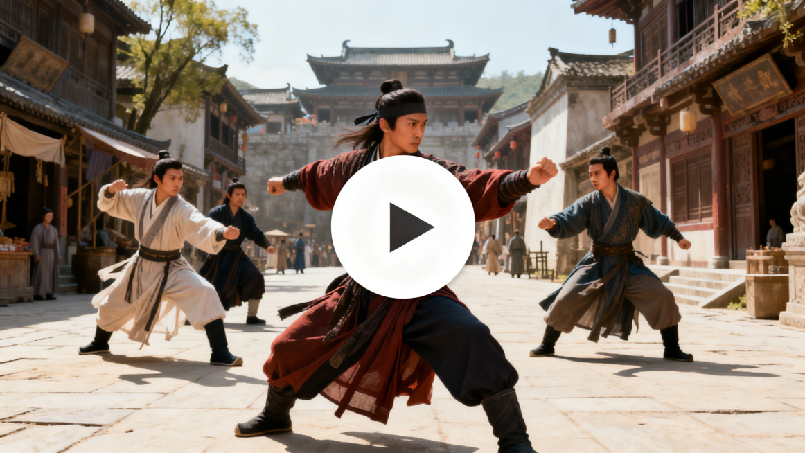 几个古装男人在明亮开阔的古代街道上进行精彩打戏，画面中央添加一个清晰自然的圆形播放按钮图标，色彩正常鲜艳，整体光线充足不昏暗，古风武侠氛围，动作张力十足，街景细节丰富预览效果