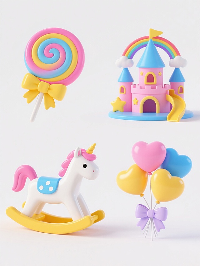 4个不同样式、不同配色、不同类型的游乐园主题元素，包括：左上角是粉色、蓝色、黄色渐变的巨大螺旋棒棒糖，带有黄色蝴蝶结；右上角是粉色和蓝色相间的童话城堡，带有彩虹拱门、黄色星星装饰和小滑梯；左下角是白色身体、粉色鬃毛和尾巴、黄色底座的独角兽摇摇马，马鞍为蓝色带白色圆点；右下角是粉色、蓝色、黄色的三颗心形气球束，系着淡紫色蝴蝶结，所有元素以整齐的2x2网格排列在纯白色背景上，整体采用3D渲染风格，具有光滑的塑料质感和明亮的高光，色彩饱和明快，营造出欢乐、梦幻、童趣的氛围。