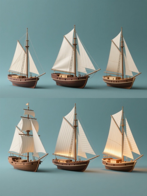 3D立体风格帆船模型系列海报，纯色背景，六艘造型完全不同的帆船规整排布，保持木质船体的深棕色与米白色书页材质风帆的配色方案，每艘帆船均有独特的船身线条、桅杆数量与排列方式、风帆形态与组合，内部透出温暖柔和的灯光效果，展现书页纹理细节与木质拼接质感，整体构图平衡对称，视觉层级清晰，突出帆船模型的精致工艺与系列感，设计风格统一且富有变化，适合作为装饰或主题素材集合。预览效果