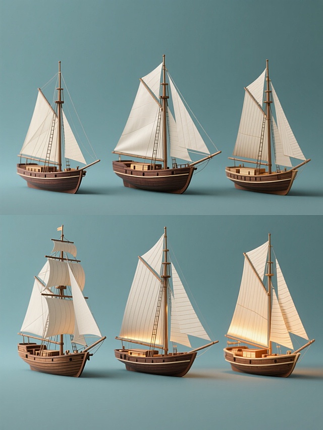 3D立体风格帆船模型系列海报，纯色背景，六艘造型完全不同的帆船规整排布，保持木质船体的深棕色与米白色书页材质风帆的配色方案，每艘帆船均有独特的船身线条、桅杆数量与排列方式、风帆形态与组合，内部透出温暖柔和的灯光效果，展现书页纹理细节与木质拼接质感，整体构图平衡对称，视觉层级清晰，突出帆船模型的精致工艺与系列感，设计风格统一且富有变化，适合作为装饰或主题素材集合。