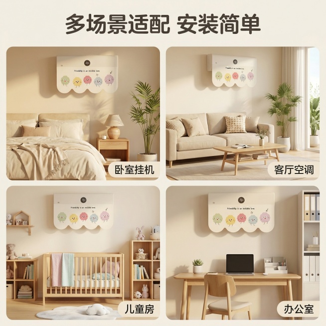 垫图：用户提供的空调挡风帘原图；主图主题：多场景适配展示；氛围/风格：清新治愈奶油北欧风，自然明亮；画面元素：四宫格布局展示挡风帘在不同场景的使用效果，分别是卧室挂机、客厅空调、儿童房、办公室四个场景预览效果