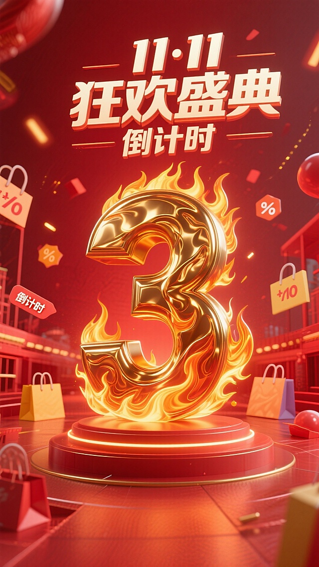 3D鎏金火焰数字“3”矗立于红色舞台，金属质感与粒子光效交织，营造出喜庆、热血、冲击十足的双十一倒计时氛围。