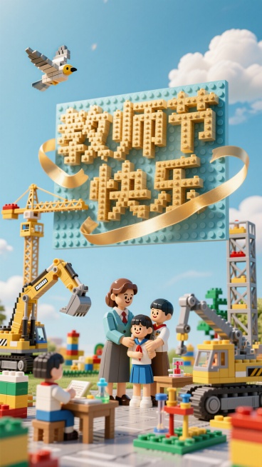 乐高创意字体，“教师节快乐” 字样用金色乐高积木拼在上方，丝带， 幼儿园老师抱孩子、中学老师指导实验 ，背景用浅蓝乐高板模拟天空，点缀乐高飞鸟积木 ，再加一些乐高塔吊 云梯车 挖掘机预览效果