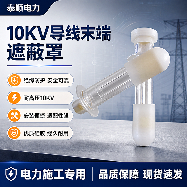 [单张主图] 10KV导线末端遮蔽罩 爆款促销感主图，目标是让用户一眼看清产品、核心卖点与电力专业感，同时承担点击、理解、信任、转化四个任务。

[画面主体] 画面中心偏右展示10KV导线末端遮蔽罩产品，保持与输入产品图外观完全一致：透明玻璃管主体、两端白色硅胶/橡胶绝缘帽、白色法兰盘结构、米白色密封胶圈，产品完整不裁切，主体占画面55%-60%。产品呈微倾斜立体摆放，体现工业质感。

[构图版式] 采用「左文右品标签参数型」爆款版式。左侧35%-40%区域放置主标题和卖点信息，右侧产品大图占55%-60%，底部通栏信息条占18%-20%。整体信息密度高但分区清晰，专业电力工业风格。

[场景元素] 背景使用浅灰到深蓝灰的渐变工业风背景，带有细微的电力网格线纹理和科技感光效。产品下方有浅灰色台面承托，投射柔和接触阴影。背景远处有虚化的高压电塔轮廓剪影，增强电力行业氛围感。左上角放置店铺名称标识。

[文案版式] 左上角店铺名："泰顺电力" 白色粗体小字。左侧主标题分两行：第一行"10KV导线末端"，第二行"遮蔽罩"，主标题使用粗黑体，深蓝色，字号最大。主标题下方排列4个卖点胶囊条，每个为圆角矩形标签，左侧图标右侧文字：
1. 绝缘防护 安全可靠
2. 耐高压10KV
3. 安装便捷 适配性强
4. 优质硅胶 经久耐用
底部通栏深蓝色背景，白色文字，左侧写"电力施工专用"，右侧写"品质保障 现货速发"。所有文字清晰可读，不遮挡产品主体。

[光影质感] 商业产品摄影质感，主光从左上方45度照射，产品边缘高光清晰，透明玻璃管有真实的折射和反光，白色硅胶帽呈现哑光质感，底部有柔和接触阴影。整体光线明亮干净，体现工业专业品质。

[配色字体] 主色：深蓝色（电力蓝）；辅助色：浅灰色、白色；强调色：橙黄色（用于标签点缀）。字体：粗黑体为主，标题字重最粗，卖点文字中等字重，辅助文字细体，层级分明。

[比例分辨率] 1:1正方形比例，2K分辨率，文字清晰可辨。

[负向提示词] 产品变形、结构错误、玻璃管碎裂、硅胶帽变形、水印、错字、糊字、伪Logo、主体遮挡、背景杂乱、低清晰度、人物面部、多余手指、悬浮感过强、淘宝/天猫平台Logo、二维码、联系方式