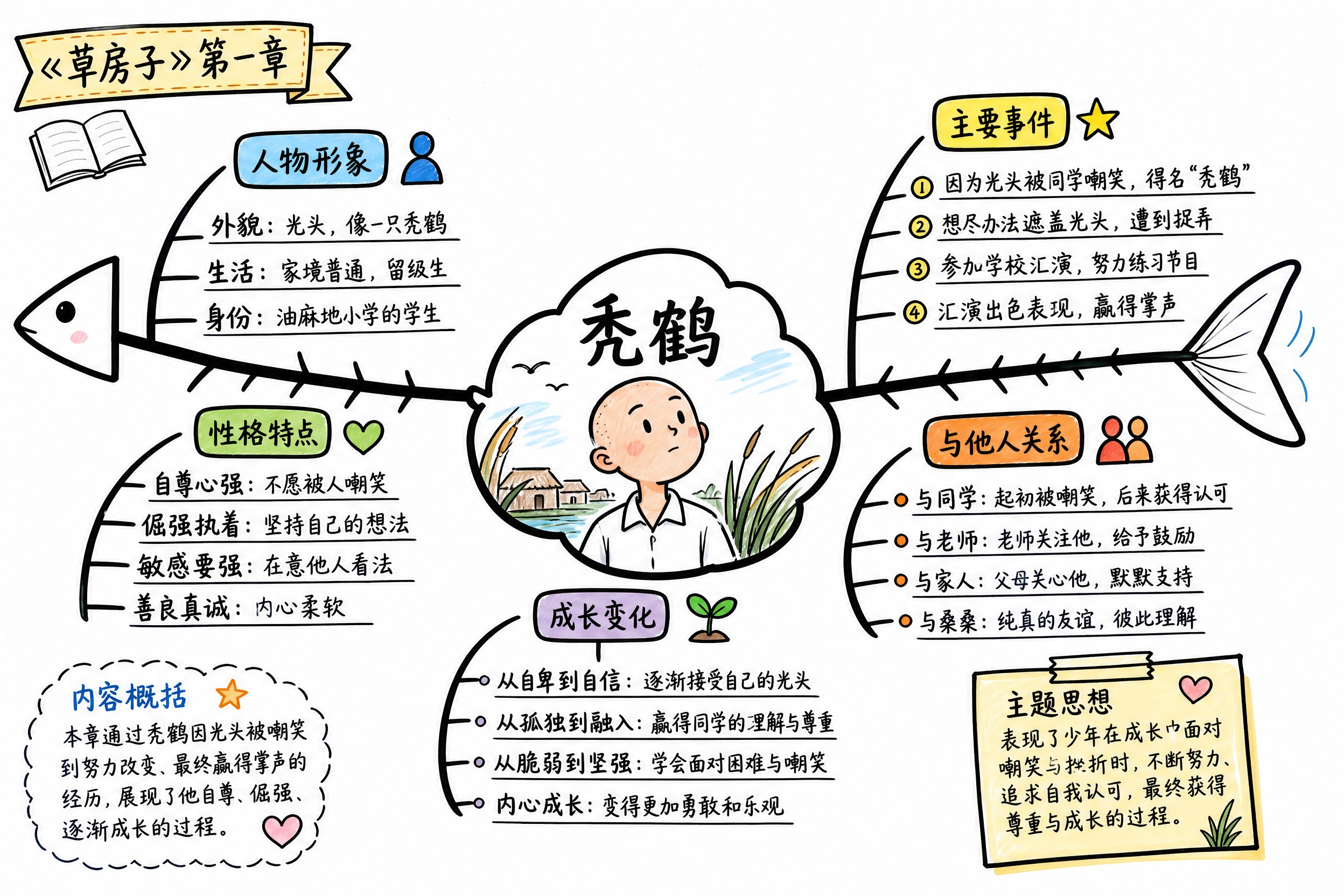 《草房子》第一章秃鹤鱼骨图思维导图，马克笔手绘风格，白底。中心… - 图片创意预览
