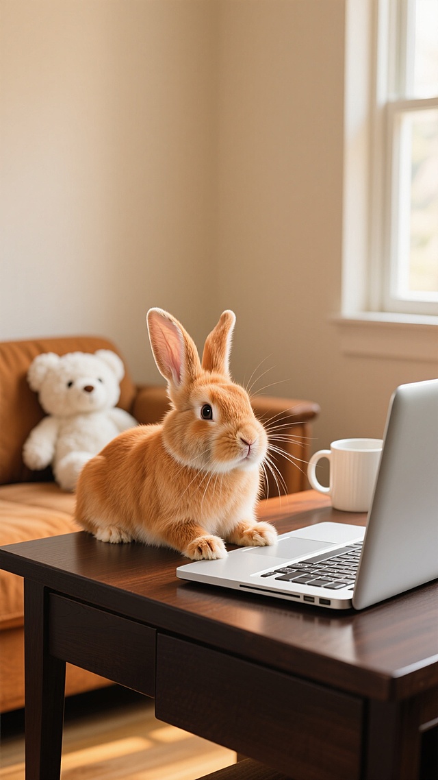 室内环境，写实风格照片，画面主体是一只橘色垂耳兔，趴在深色的木质书桌上，前爪搭在银色笔记本电脑键盘上，脑袋微微倾斜，眼神专注地盯着电脑屏幕，耳朵竖起，胡须清晰可见，身后沙发上放着白色毛绒小熊玩偶，书桌边缘有一个白色马克杯，整体暖色调，以橙色和黄色为主，光线柔和地从左侧窗户洒入，在兔子和物体上形成自然的光影过渡，背景是浅米色的墙壁，简洁干净，突出主体