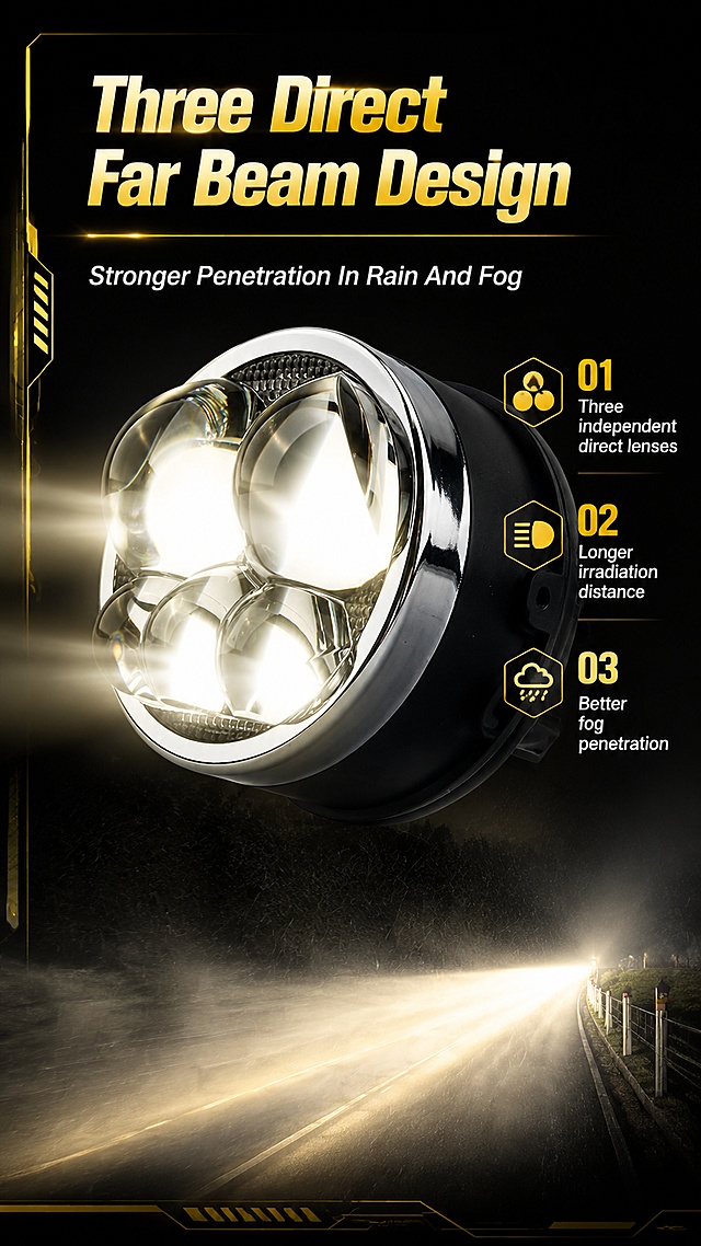 [Page 2] F35 LED Fog Lamp three direct far-reaching design selling point display. This screen uses [image3] as the detail image, keep product structure consistent with the original image.
[Atmosphere/Style] Technology display style, dark black background with gold highlight, strong contrast, clear structure display.
[Element Layout] Product lens head placed in the center of the screen, accounting for about 70% of the space, three lens structure clear. Left title area, right function description area. The far-reaching penetration effect can be displayed by light effect simulation.
[Lighting Texture] Front light transmission illumination, highlight the lens refraction effect, transparent lens has obvious light penetration, clear texture, strong layering.
[Color Scheme] Global background color dark black, main color black, accent gold #FFD700, light effect white highlight, high contrast professional style.
[Perspective Composition] Front close-up perspective, focus on the lens head structure, reading flow from title → product → selling point description.
[Text Layout] Top title "Three Direct Far Beam Design", below main copy "Stronger Penetration In Rain And Fog", three bullet points: 1. Three independent direct lenses 2. Longer irradiation distance 3. Better fog penetration, all text English, clear layout, no occlusion.
[Proportion Resolution] 9:16 vertical proportion, 4K resolution, clear text, high definition.
[Negative Prompt] Product deformation, wrong structure, color deviation, Chinese characters, text blur, watermark, background clutter