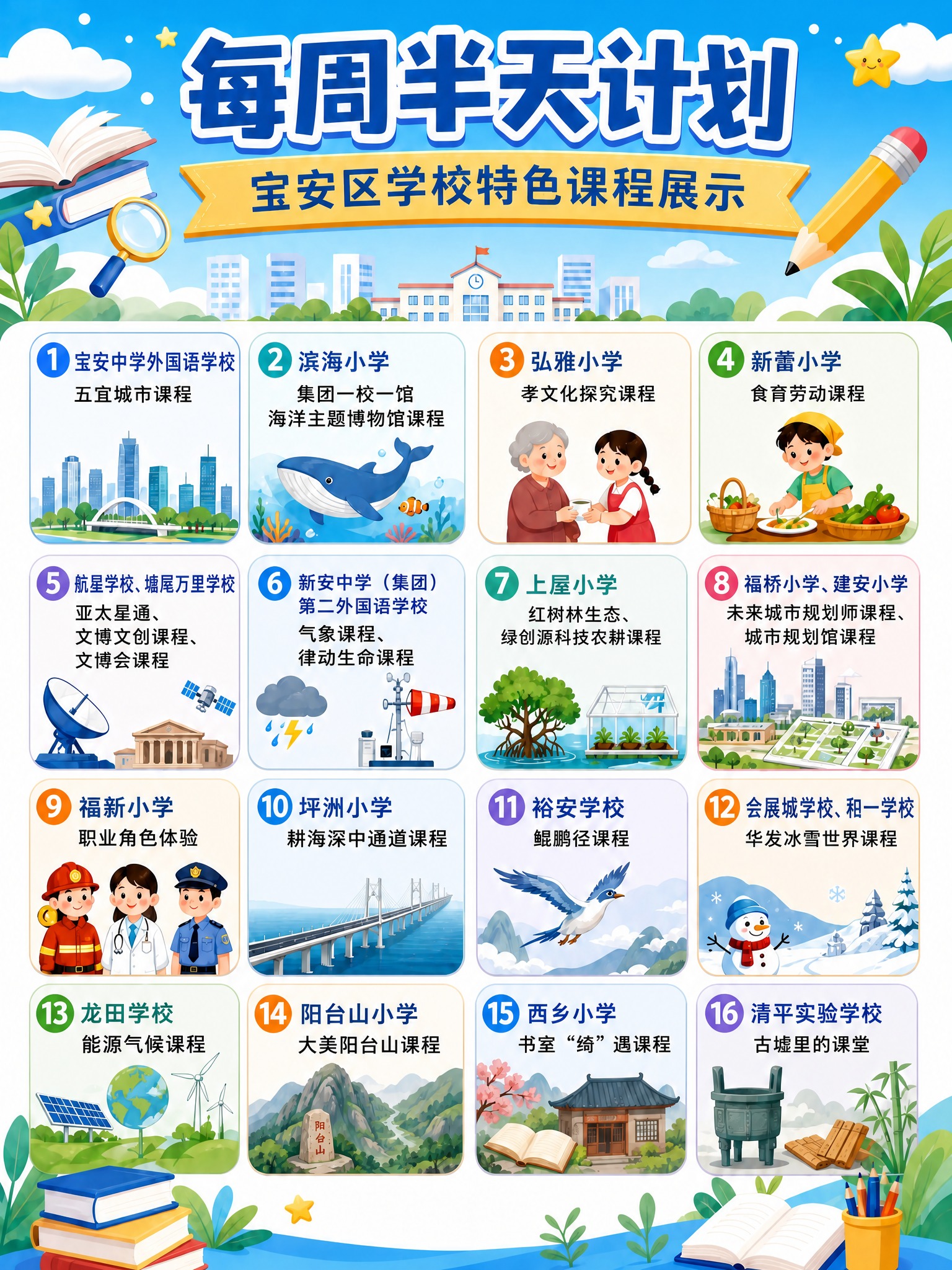 保持这张图的整体设计不变：蓝天白云背景、主标题“每周半天计划”… - 图片创意预览