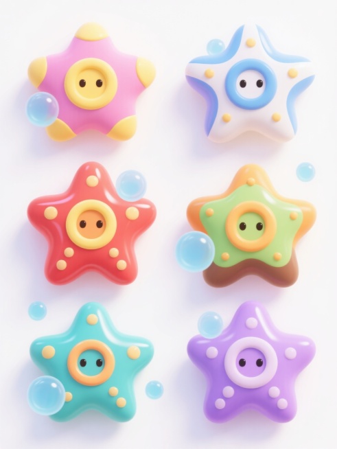 6个不同样式、不同配色、不同外观的卡通风格海星，保持圆润可爱的造型，每个海星拥有独特的颜色搭配（如粉色配黄色、蓝色配白色、紫色配橙色、绿色配红色、黄色配棕色、青色配紫色），表面带有光泽的圆形凸起装饰和中心环形图案，部分海星周围点缀大小不一的半透明蓝色气泡，整体排列整齐，置于纯白色背景上，呈现出明亮欢快的氛围，采用平滑的数字绘画质感，色彩鲜明且过渡自然，光影柔和，高光部分突出立体感。预览效果