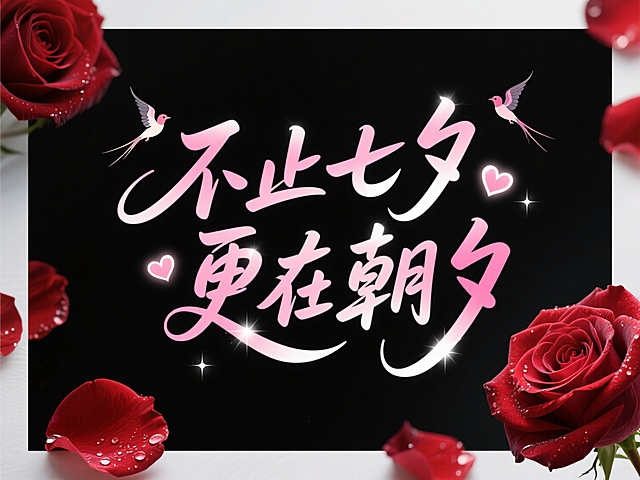 文字“不止七夕 更在朝夕”，文字穿插点缀爱心和喜鹊。奢侈感，黑底粉字。点缀上玫瑰花