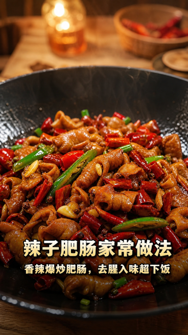 美食实拍图，锅中盛着香辣爆炒辣子肥肠，去腥入味，画面带有两行文字：第一行"辣子肥肠家常做法"，第二行"香辣爆炒肥肠，去腥入味超下饭"，文字位于画面中线偏下位置，美食特写，暖色调，高清写实预览效果