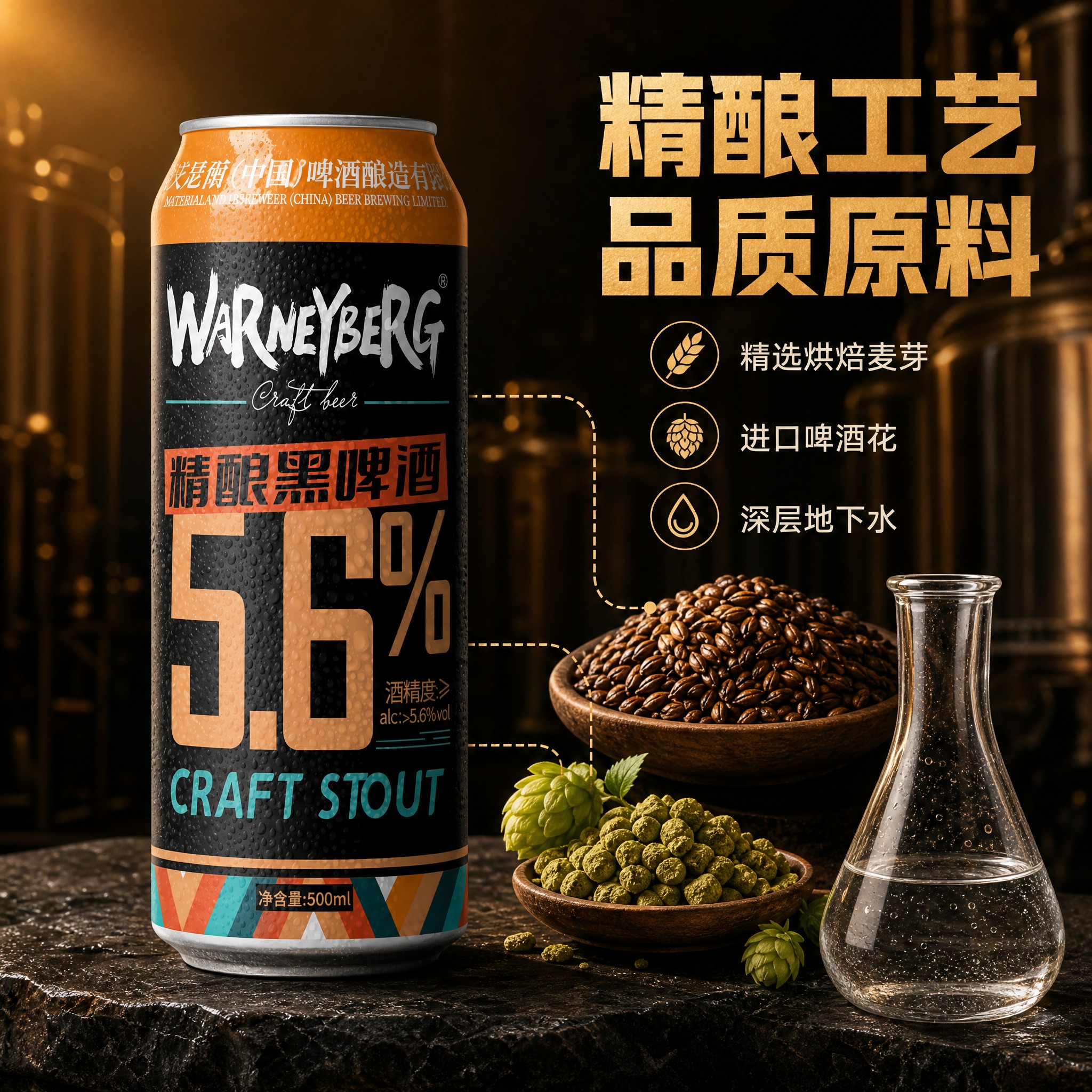 [主图-2] 沃尼伯格精酿黑啤酒500ml罐装 核心亮点与工艺… - 图片创意预览