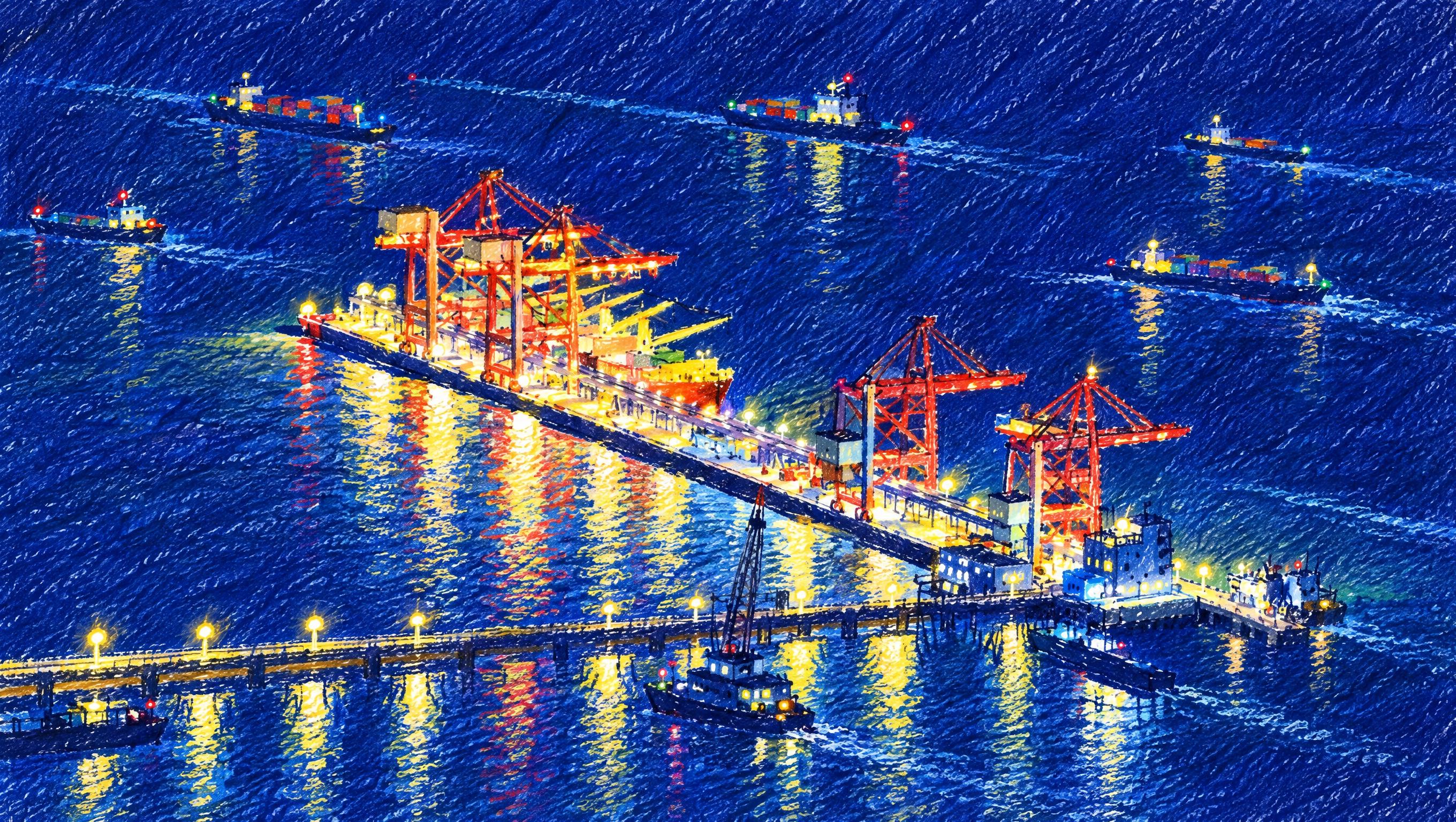 将这张港口码头夜景照片转换为蜡笔手绘风格，深蓝色江面夜景，不要… - 图片创意预览