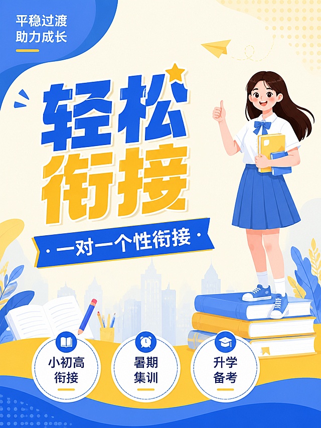 扁平插画风格教育培训海报，延续参考图蓝黄清新配色，3:4竖版比例，突出核心文案。主标题蓝黄撞色放大写"轻松衔接"，蓝色横幅副标题写"一对一个性衔接"，右侧女生站在书本旁微笑点赞，底部三个圆形标签写"小初高衔接"、"暑期集训"、"升学备考"，左上角蓝色块写"平稳过渡 助力成长"，风格和参考图完全一致，主题内容全新，禁止出现违规词汇