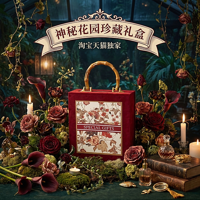 神秘花园礼盒电商主图，淘宝天猫平台，1:1正方形构图，礼盒搭配鲜花装饰的场景展示，复古红色丝绒礼盒，营造神秘花园氛围感，温馨高级