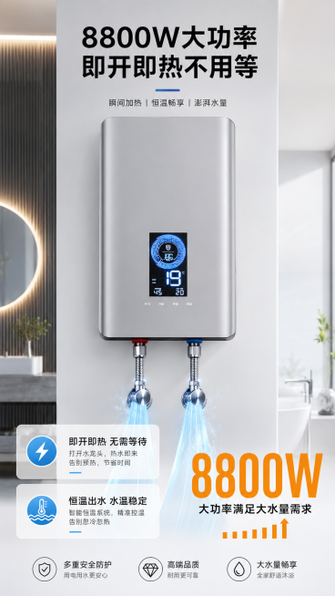 [第4屏] 核心卖点屏-8800W大功率即开即热性能演示，酷尊即热式电热水器保留产品本身结构、材质、颜色与输入产品图一致。
[氛围/风格] 性能展示科技风格，现代简约，视觉冲击力强，商业摄影质感。
[预览效果