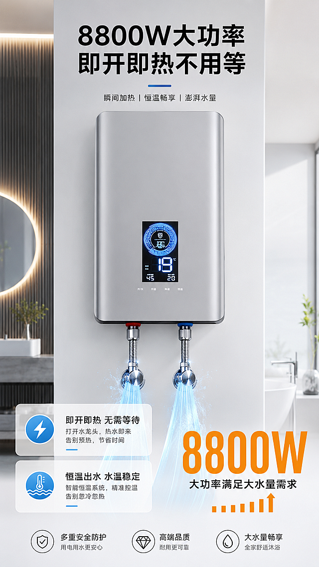 [第4屏] 核心卖点屏-8800W大功率即开即热性能演示，酷尊即热式电热水器保留产品本身结构、材质、颜色与输入产品图一致。
[氛围/风格] 性能展示科技风格，现代简约，视觉冲击力强，商业摄影质感。
[元素布局] 产品放置在画面中央偏上位置，背景为现代简约卫浴场景，有柔和的光线效果。画面中加入动态水流示意，用蓝色渐变线条表示热水快速流出，直观展示即开即热效果。下方用数据可视化方式展示功率优势。
[光影质感] 主光源从正面打亮产品，突出产品机身质感，蓝色水流示意有发光效果，增强科技感，整体清晰通透。
[配色色系] 全局底色：#F5F5F5（浅灰）；主体配色：#C8C8C8（机身银灰）+ #0066CC（显示屏蓝色）+ #3498DB（水流蓝色）；辅助色：#F39C12（数据橙色）+ #333333（文字）。
[视角构图] 平视正面视角，产品位于画面中上部，数据和卖点位于下方，中心构图稳定舒适。
[文字版式] 顶部主标题“8800W大功率 即开即热不用等”，黑色加粗。下方分两个卖点卡片展示：“即开即热 无需等待”“恒温出水 水温稳定”，每个卡片配图标和简短说明。右下角用大数字突出“8800W”，橙色大字体强调功率参数，下方小字标注“大功率满足大水量需求”。
[比例分辨率] 9:16竖版比例，1080x1920分辨率，文字清晰可辨，超高清。
[负向提示词] 产品变形，结构错误，颜色偏差，文字错乱，水印，产品图模糊，背景杂乱。