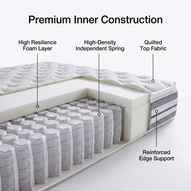 Cutaway section of the mattress showing internal structure. Maintain the outer fabric, display inner预览效果