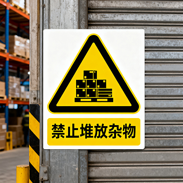 公共标识设计，禁止堆放杂物标志，黄色三角形警告图案，货物堆放图形，下方配有文字"禁止堆放杂物"，标准安全标识风格