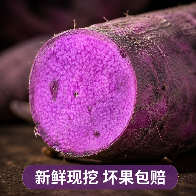 [主图2] 紫山药切面细节特写
[氛围风格] 突出紫心品质，唤起食欲
[画质] 商业摄影质感，光线柔和通透，产品清晰真实，画面干净高级
[元素] 单根紫山药横向摆放，截断处特写展示饱满紫心，保持紫心颜预览效果