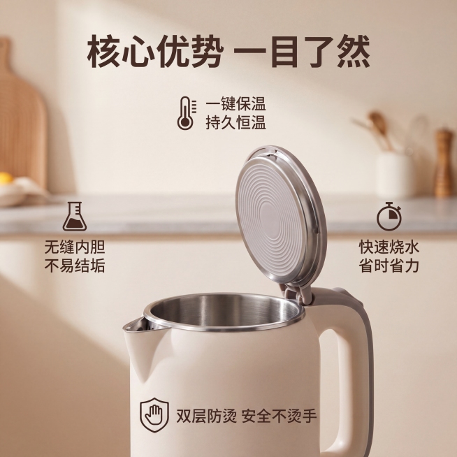 产品精修，保留原图背景与厨房场景，不去底不换背景，保持原背景光影、透视、景深、色调和元素位置，仅修复背景瑕疵。特写电热水壶按压式壶盖，突出顶部同心圆防滑纹理细节，展示开盖状态的防溅水设计，清晰呈现壶口预览效果