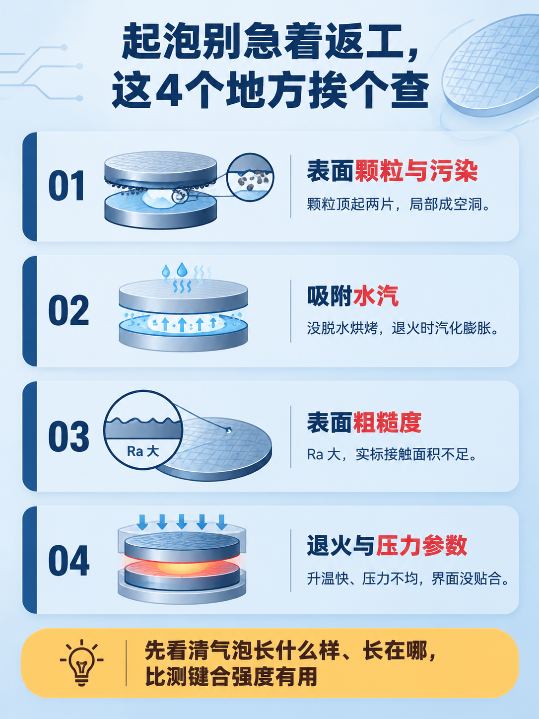 晶圆键合起泡四类成因总览海报，扁平插画风格，科技感专业简洁。背… - 图片创意预览