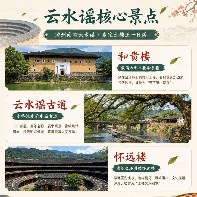 [第6屏] 南靖云水谣核心景点介绍-漳州南靖云水谣+永定土楼王一日游。本屏使用【图1】提取土楼元素做背景装饰。
[氛围/风格] 清新古镇风光风格，图文排版错落有致，突出水乡古镇人文氛围。
[元素布局]预览效果