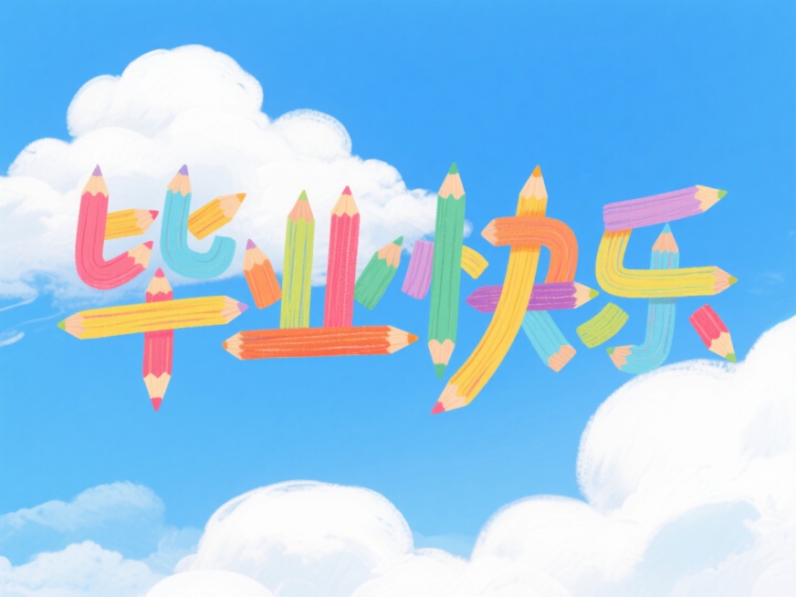 大大的彩色文字“毕业快乐”，彩铅风格，背景是蓝天白云预览效果