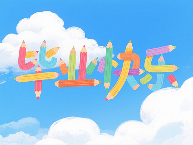 蜡笔风插画，清新蓝天白云背景，大字“七彩”由彩色铅笔构成，童趣盎然。