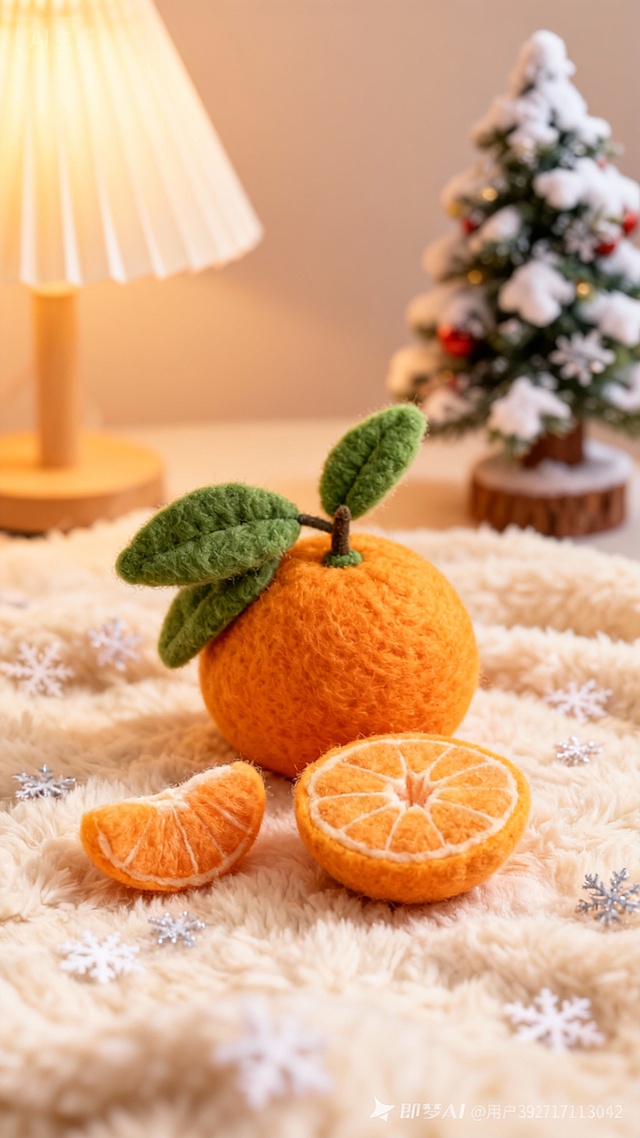 温暖灯光下，毛绒质感的橙子与雪景圣诞树相映，微缩艺术风搭配粘土风细节，营造出温馨、可爱、柔软的节日氛围。