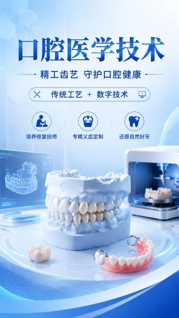 专业简约医学科技风口腔医学技术专业宣传海报，画面包含主标题“口腔医学技术”，副标题“精工齿艺 守护口腔健康”，装饰文案“传统工艺 + 数字技术”，卖点标签“培养修复技师”“专精义齿定制”“还原自然好牙预览效果