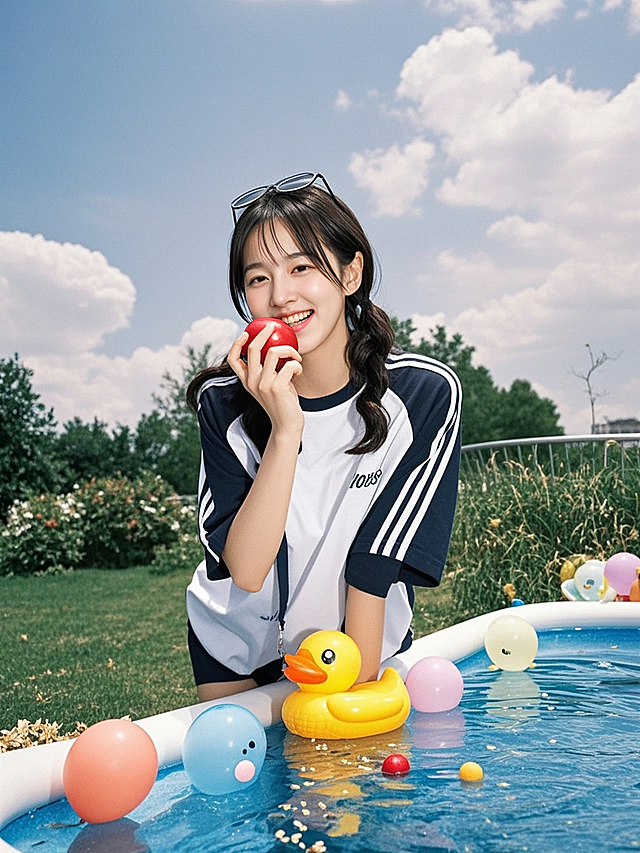 一个女生手拿着苹果咬一口，水池，清澈的水，水面漂浮着玩具气球鸭