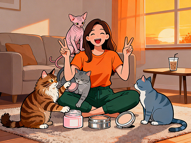 现代极简扁平插画风，矢量图，干净利落的细黑描边，无渐变无阴影，纯色填充。画面主体是一位温柔的职场妈妈，长发，身穿暖橙色T恤加深绿色休闲裤，盘腿坐在客厅地毯上，面前摆着三个“战利品”：一个空罐子卸妆膏空瓶、一个铁皮见底的粉饼、一个用空的气垫。她双手比耶，脸上是抑制不住的开心笑容。四只猫围绕着她一起庆祝：棕褐色棕虎缅因猫用爪子扒拉空罐子，两只灰蓝色英短蓝猫一只凑过去闻粉饼、一只蹲在她肩膀上围观，浅肉粉色斯芬克斯无毛猫钻在她怀里，伸出小爪子够那个气垫。场景是温馨的客厅，傍晚的橙黄色阳光从窗户洒进来，茶几上放着一杯庆祝的奶茶简笔画。暖调马卡龙色系，治愈松弛，主色调为暖橙、深绿、灰蓝、棕褐、肉粉、奶白。图片四周预留留白方便添加文字，杰作，最佳质量，高清，构图居中，无3D、无写实、无文字水印。