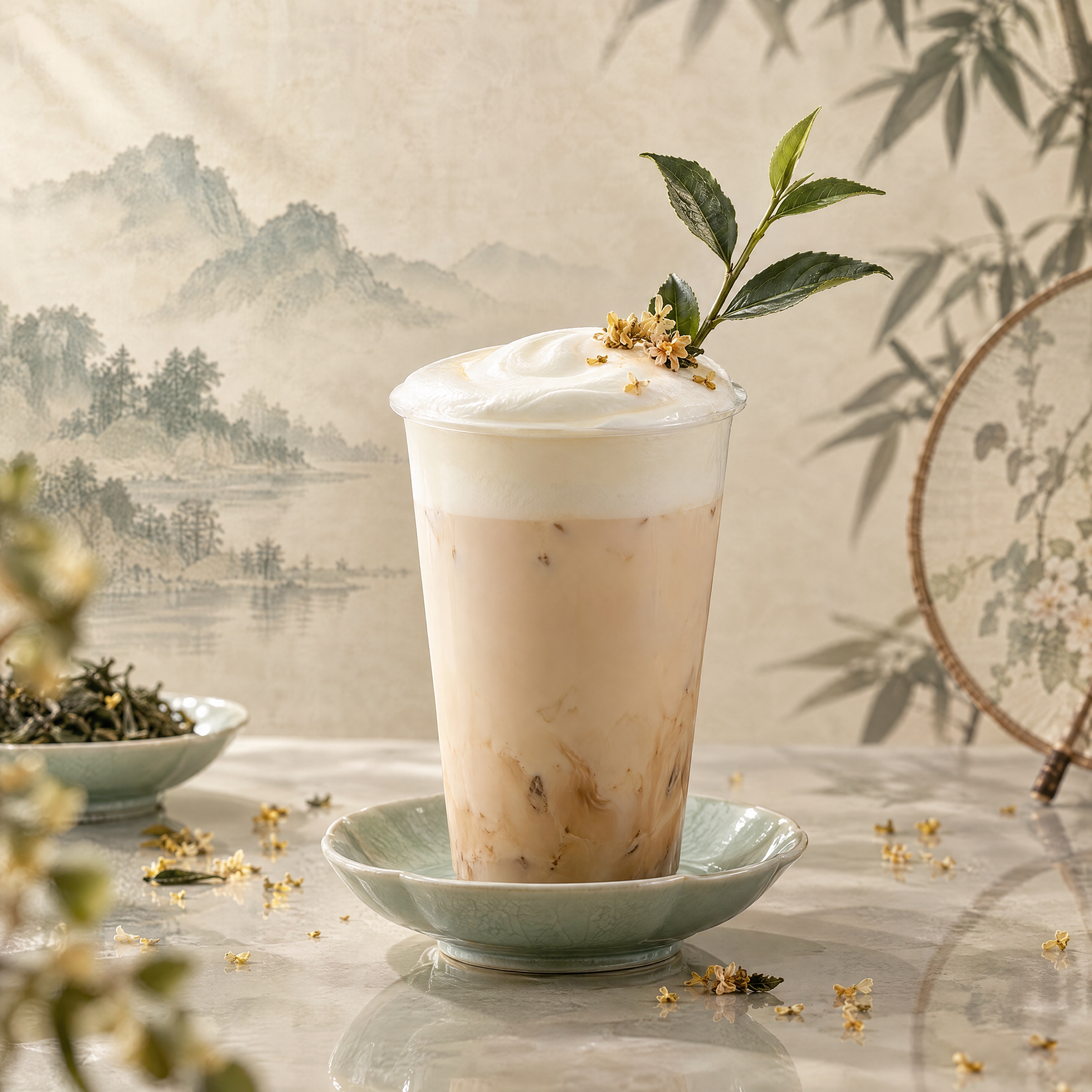 新中式国风奶茶产品图，主体为一杯透明杯装奶茶，杯身简约留白无任… - 图片创意预览