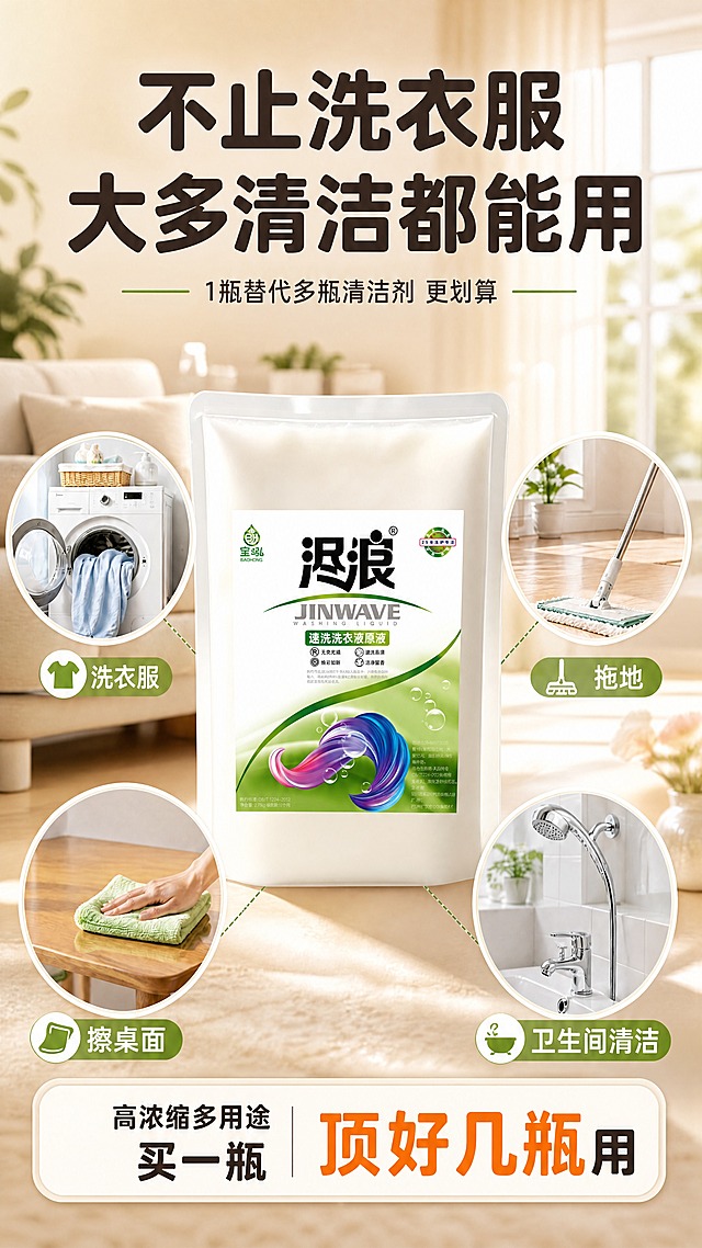 [商品] 使用【图1】尽浪速洗洗衣液原液袋装产品；保留白色自立袋包装、尽浪JINWAVE黑色Logo、绿色品牌标识、宝泓BAOHONG绿色Logo、25年洗护专注圆形徽章、速洗洗衣液原液绿色标签、底部彩色波浪图案；产品在画面正中心放大展示。
[画面] 多用途场景页，目标展示一瓶多用高性价比。中心产品大图，四周环绕四个圆形场景小图（洗衣服/拖地/擦桌面/卫生间清洁），每个圆形图下方配图标+用途文字，用虚线连接到中心产品。背景为暖调客厅虚化场景（浅色沙发、绿植、明亮窗户），营造温馨居家氛围。顶部大标题，底部总结信息条。
[视觉] 套系策略：风格=暖色调自然温馨家居风，柔和暖光，干净治愈；标题字=粗黑圆角黑体，厚重醒目；正文字=简洁无衬线黑体，清晰易读；主色=暖米杏色；背景延展=基于暖米杏做深浅层级、同色渐变、柔和光晕和细腻织物/纸质质感；强调色=暖橙色，仅用于小面积数字高亮、图标、标签和局部光效；标题色=深棕灰；正文色=中暖灰；组件=圆形场景图、绿色圆角图标标签、虚线连接线、底部大信息卡；光影=左前侧暖柔光，柔和阴影，整体明亮通透。
[文字] 顶部大主标题"不止洗衣服 大多清洁都能用"，下方绿色短横线+小字"1瓶替代多瓶清洁剂 更划算"；四个圆形场景图按四角分布：左上洗衣机洗衣服+绿色衣服图标"洗衣服"，右上拖把拖地+绿色拖把图标"拖地"，左下擦桌子+绿色抹布图标"擦桌面"，右下卫生间清洁+绿色浴缸图标"卫生间清洁"；虚线从中心产品连向四个场景；底部暖白圆角大卡片，左侧"高浓缩多用途 买一瓶"，右侧暖橙色大字"顶好几瓶用"。所有文字横排，不遮挡产品主体。
[规格] 图片比例9:16竖版，4K，负向提示：避免工业风、冷蓝色调、工厂场景、变形、错字、文字过小、包装文字错乱、冷灰背景、场景不真实。
