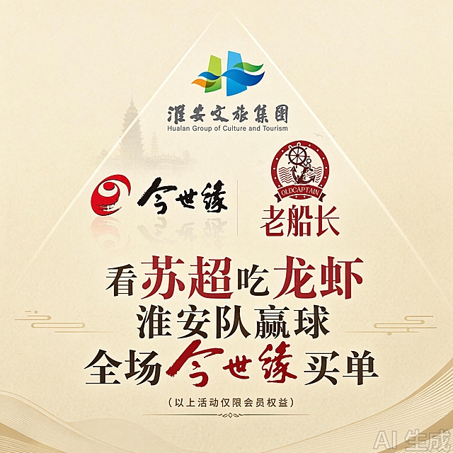 做一个三角形的图，底色为米色。层层递进的海报宣传图。淮安文旅的logo：「图片1」在第一个顶尖的位置，
今世缘的logo：「图片1」和  老船长的logo：「图片1」在第二排并排，三角形第三排的文字是:看苏超吃龙虾 淮安队赢球 全场今世缘买单  （以上活动仅限会员权益）。注意logo不要出错，文字也不要出错，正常的等边三角形，不要太长或者太短，整体设计感一点，不要花里胡哨