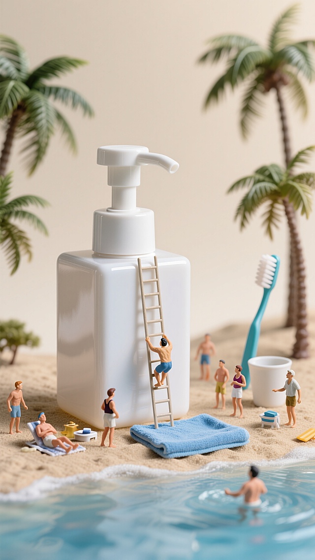 带按压泵的白色方形洗护瓶，小人顺着泵头的梯子攀爬跳水，有人在蓝色毛巾 “沙滩” 上休憩，还聚集在牙刷和杯子旁，周围饰有棕榈树。背景为干净的浅米色。
