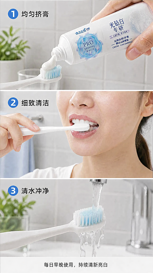 将图1中第一步挤牙膏的中华牙膏替换为图2的云南白药光钻白牙膏，保持挤牙膏的动作、挤出来的膏体、牙刷、背景场景、文字排版和所有其他元素都完全不变，只更换牙膏管身内容。牙膏替换为云南白药光钻白牙膏后，包装文字、蓝色图案、品牌标识都保持与图2完全一致，包装形状适配原挤牙膏动作的角度，透视和光影与原图保持一致，整体真实自然不违和。保持原图的三分栏结构、三个步骤文字、底部文案、背景绿植瓷砖和光线效果全部不改变，比例分辨率不变。