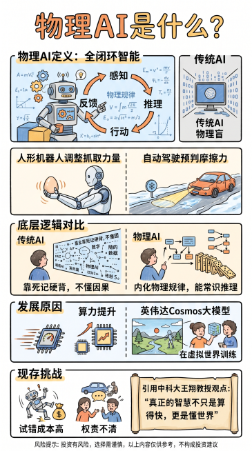 生成一张手绘卡通风格竖版信息图，主题是"物理AI是什么？"，内容包含：1. 物理AI定义：能依托物理规律在现实世界完成感知、推理、行动、反馈的全闭环，区别于传统AI的"物理盲"；2. 举例：人形机器人预览效果