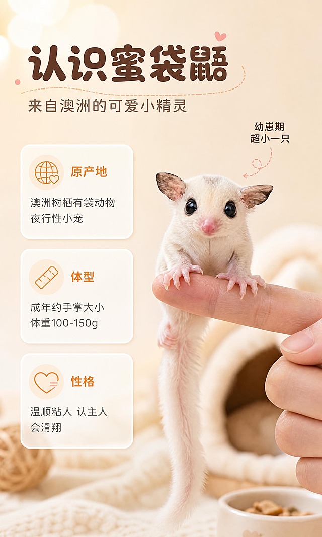 [商品] 使用【图1】奶白色蜜袋鼯幼崽；保留浅奶白毛发、大黑圆眼、粉鼻粉爪、小巧耳朵、粉嫩皮肤和幼崽体型比例；优化毛发蓬松度，不改变外观结构和颜色。
[画面] 页面目标：认识蜜袋鼯，介绍物种特点和性格，让买家快速了解这个小宠物。构图：左文右图布局，右侧是蜜袋鼯站在人手指上的全身特写，展示完整体型大小对比；左侧是介绍文字区搭配3个小图标卡片。背景：浅奶油色渐变底，右下角有虚化的小窝和食盆道具，左上角有柔和光斑装饰，三层视觉层次。阅读动线：左上标题→左侧三卡片→右侧宠物主体。
[视觉] 套系策略：风格=软萌治愈温馨商业宠物摄影；标题字=圆润粗圆体；正文字=简洁圆体；主色=奶油米白+浅暖黄；背景延展=基于奶油米白做深浅渐变、柔光光斑、木质/织物同色系质感；强调色=暖橙+浅粉，仅用于小面积图标、引线、标签和装饰圆点；标题色=深棕咖色；正文色=暖灰色；组件=圆角白色半透明卡片、软萌线性小图标、圆点曲线装饰；光影=侧上方暖柔光，毛发通透有层次，整体明亮柔和。
[文字] 左上主标题「认识蜜袋鼯」，副标题「来自澳洲的可爱小精灵」；下方竖排3个圆角信息卡：第一卡配星球图标，标题「原产地」，说明「澳洲树栖有袋动物 夜行性小宠」；第二卡配尺子图标，标题「体型」，说明「成年约手掌大小 体重100-150g」；第三卡配爱心图标，标题「性格」，说明「温顺粘人 认主人 会滑翔」。右侧宠物旁加小字标注「幼崽期 超小一只」。所有文字横排，圆润字体，不遮挡宠物。
[规格] 比例3:5竖版详情页，4K高清，宠物清晰毛发分明，文字手机端可读；禁止变形、错字、模糊、水印、平台Logo、手部畸形、宠物表情怪异、虚假宣传。