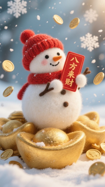 可爱冬日场景，一个雪人由两个巨大的毛绒白金色元宝堆成，元宝绒毛细腻逼真，白金色泽柔和，雪人戴着红色针织帽，针织纹理清晰，手里拿着写有“八方来财”的红牌，字迹工整可爱，金色硬币形状的雪花纷纷从天而降，画预览效果