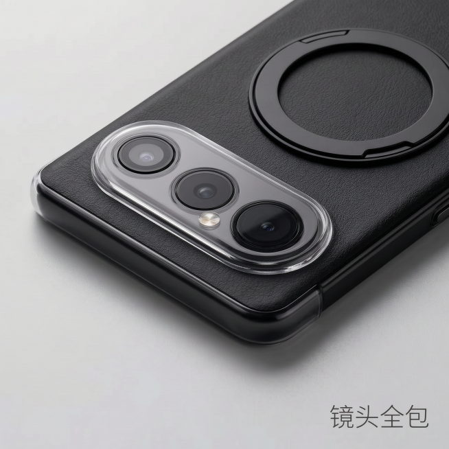 保持原图整体布局、黑色素皮手机壳、磁吸旋转支架、透明边框和右下角文字“镜头全包”不变，仅修改镜头开孔区域，将镜头改为图二样式：长椭圆形开孔，三颗摄像头竖向排列，保留闪光灯和细节，保持整体高清质感和纯净预览效果