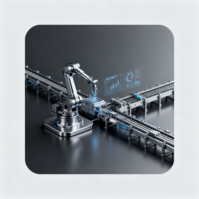 正方形网站设计背景图，智能制造主题，简约工业科技风格，深灰金属色调，不包含任何文字，包含工业机器人、生产线、智能制造数据元素，适合作为图标背景，大气现代科技感，干净简洁预览效果