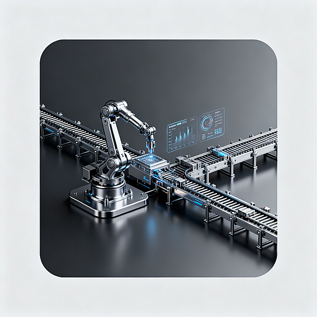 正方形网站设计背景图，智能制造主题，简约工业科技风格，深灰金属色调，不包含任何文字，包含工业机器人、生产线、智能制造数据元素，适合作为图标背景，大气现代科技感，干净简洁