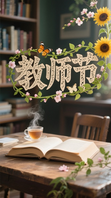 "教师节"文字，由折叠旧书页构成，带花纹镂空的剪纸质感。纸边生长出鲜活绿色藤蔓，桃花，向日葵，飞舞的蝴蝶。桌子上有冒着热气的透明茶杯，背景是朦胧的书架。预览效果