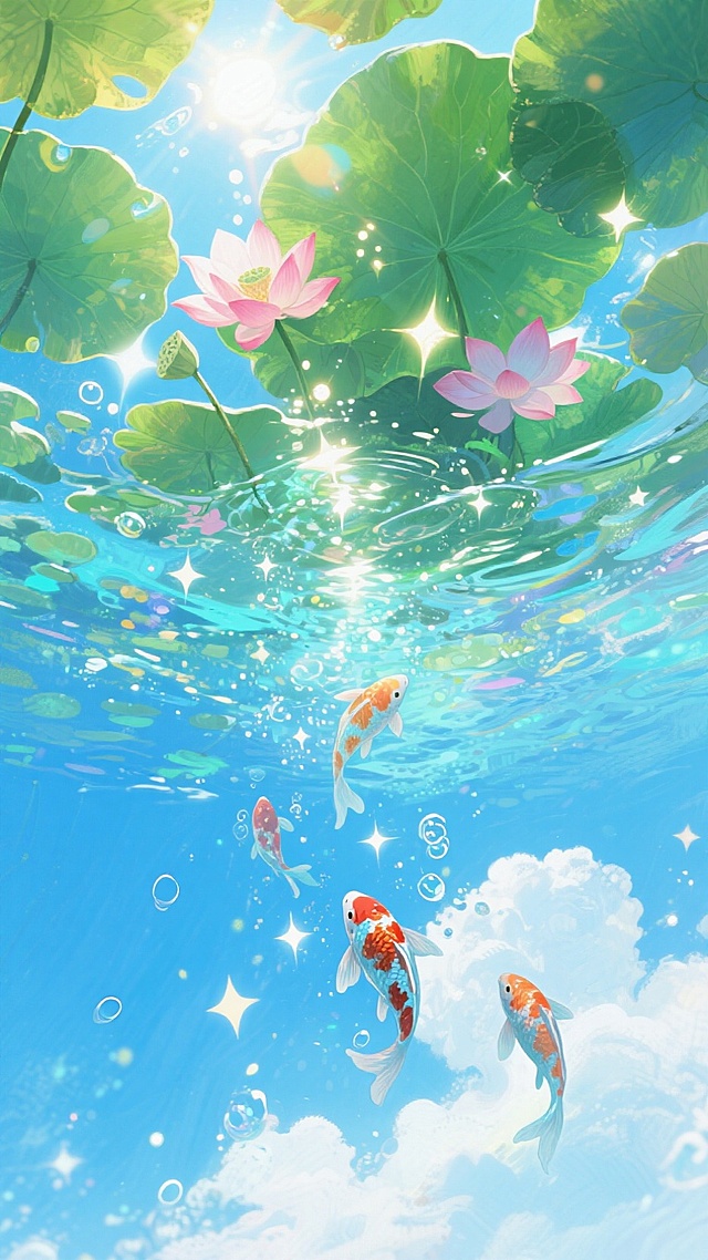 水彩风插画，梦幻清新，虚拟自然中锦鲤游弋，阳光穿透荷叶，营造童话般意境。