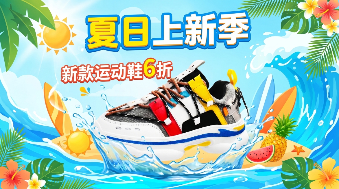 电商海报，以运动鞋为主体，主标题是"夏日上新季"，副标题是"新款运动鞋6折"，夏日清爽风格，活力动感的促销设计，色彩明亮预览效果