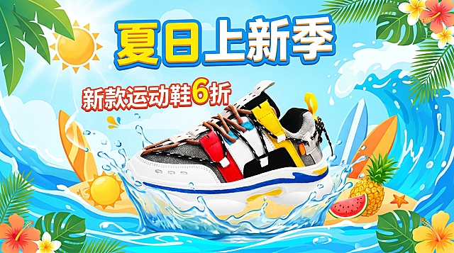 电商海报，以运动鞋为主体，主标题是"夏日上新季"，副标题是"新款运动鞋6折"，夏日清爽风格，活力动感的促销设计，色彩明亮